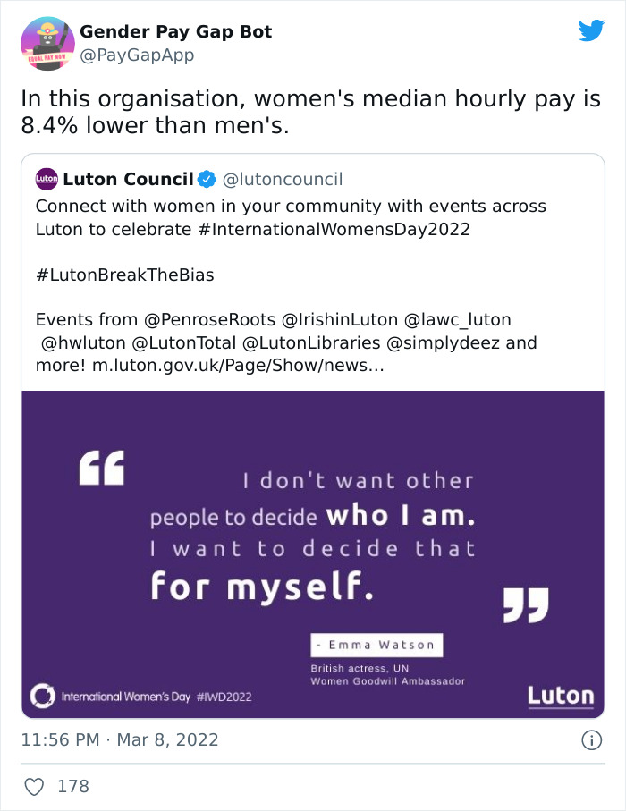 16 Companies That Posted A Celebratory Tweet For Women’s Day And Got Roasted By This Gender Pay Gap Bot 16 Companies That Posted A Celebratory Tweet For Women’s Day And Got Roasted By This Gender Pay Gap Bot