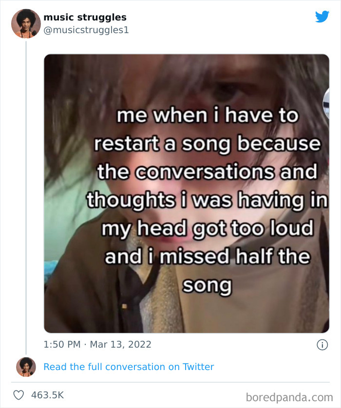 Overthinking meme about restarting a song due to loud thoughts, with text overlay on an image of a person.