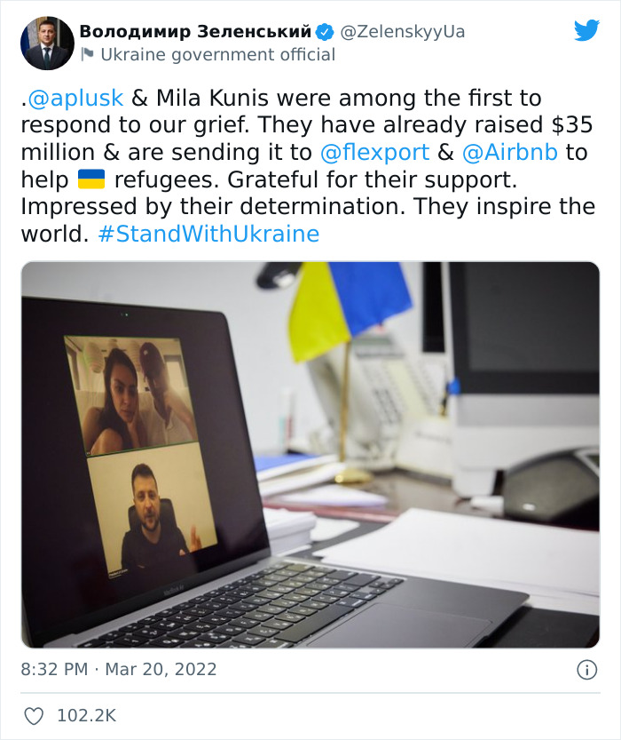 President Zelenskyy Appreciates Mila Kunis And Ashton Kutcher For Raising Almost $35M In Support Of Ukraine And Its People President Zelenskyy Appreciates Mila Kunis And Ashton Kutcher For Raising Almost $35M In Support Of Ukraine And Its People