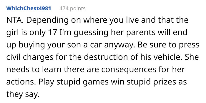 &ldquo;AITA For Refusing To &lsquo;See Other Options&rsquo; For A Girl And Pressing Charges For What She Did To My Son&rsquo;s Car?&rdquo;