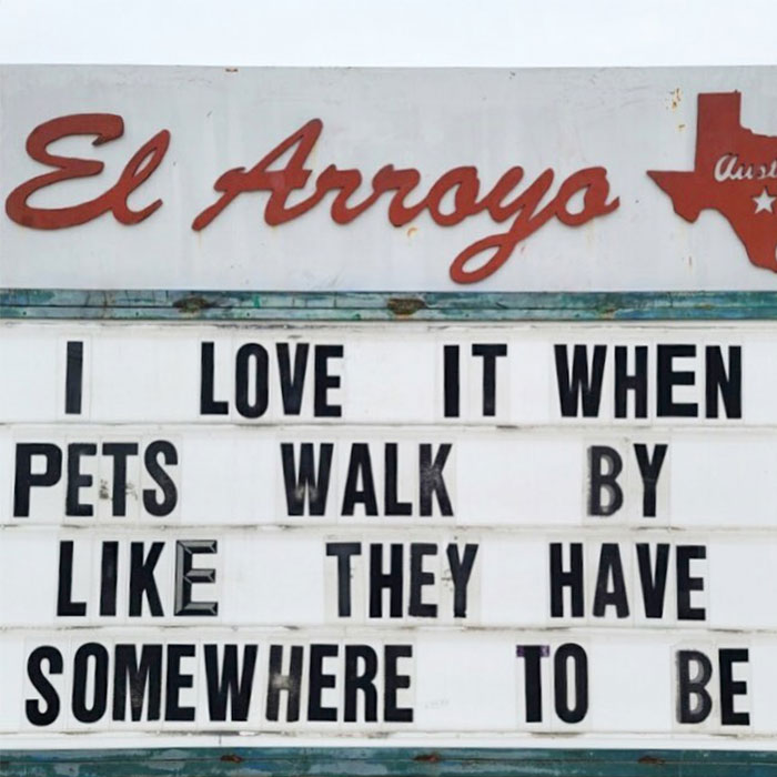 Restaurant sign reads, "I love it when pets walk by like they have somewhere to be."