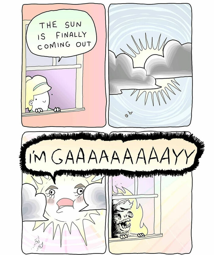 Comic showing a person watching the sun come out, with a dark humor twist as the sun screams loudly in the last panels.