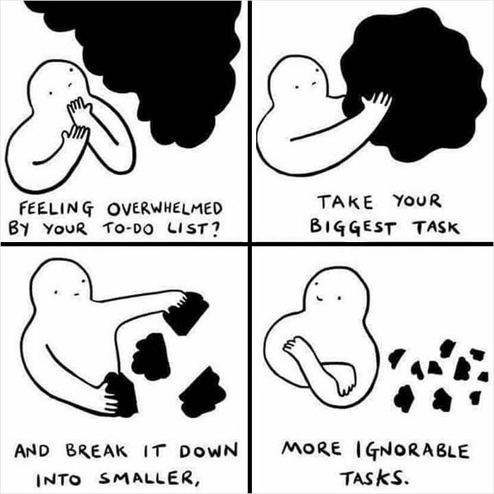 Cartoon figure humorously breaking down a big task into smaller, ignorable tasks in a dark humor meme.