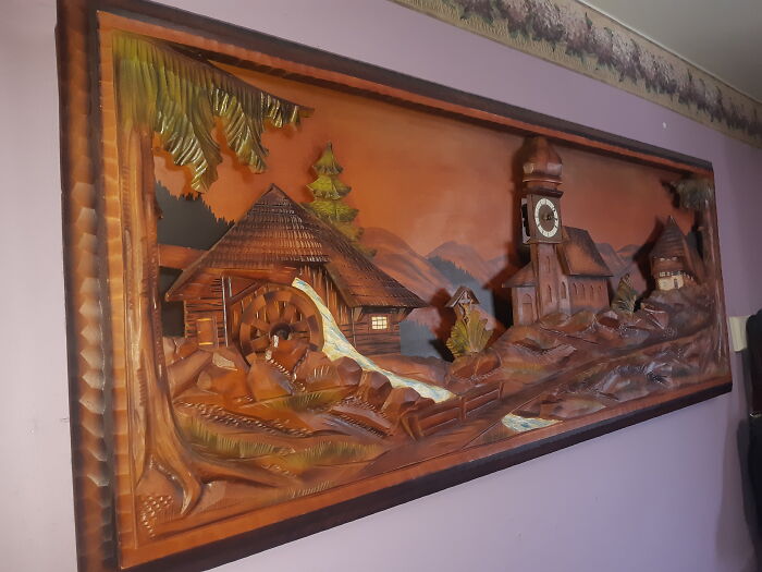 Wooden German Carving. Working Clock And Waterwheel