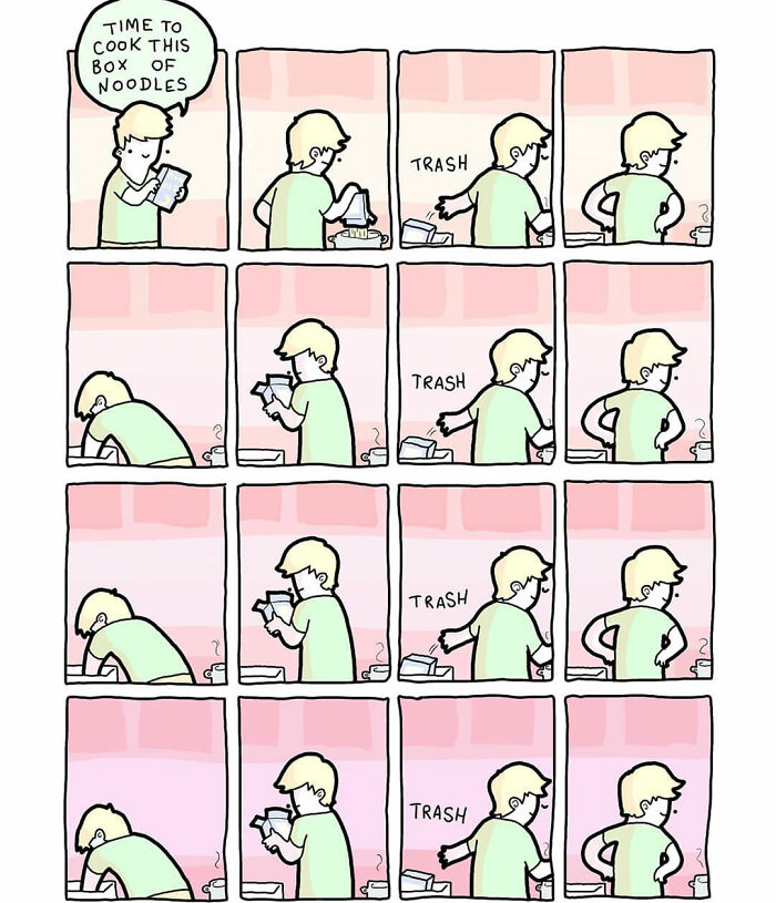 Comic strip showing a person repeatedly throwing a box of noodles into the trash, dark humor style.