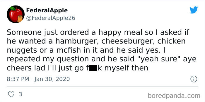 "I'd Like A Meal" "Medium Or Large" "Yes" Thanks Lad. (It's My Tweet Btw Thought It Was Easier To Just Post The Tweet"