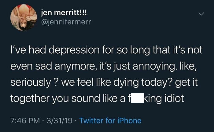 Tw: Suicide
this May Not Resonate With Everyone But With My Mental Health Fluctuations, I Sometimes Find Myself Talking To Myself Like This. Depression Is A Beast, And It’s Been One I’ve Been Trying To Tackle For A While. I Feel Alone In This, Does Anyone Have Any Similar Thoughts? - @tanner_hamilton22
.
.
.
.
📸 = Jennifermerr On Twitter
.
.
#anxietyrelieftips #anxiety #beatanxiety #depression #beatdepression #anyoneelsefeelthisway #howcanwehelp #asafeplaceinsideyourhead #anxietyrelieftips #anxiousmoments #anxietyawareness