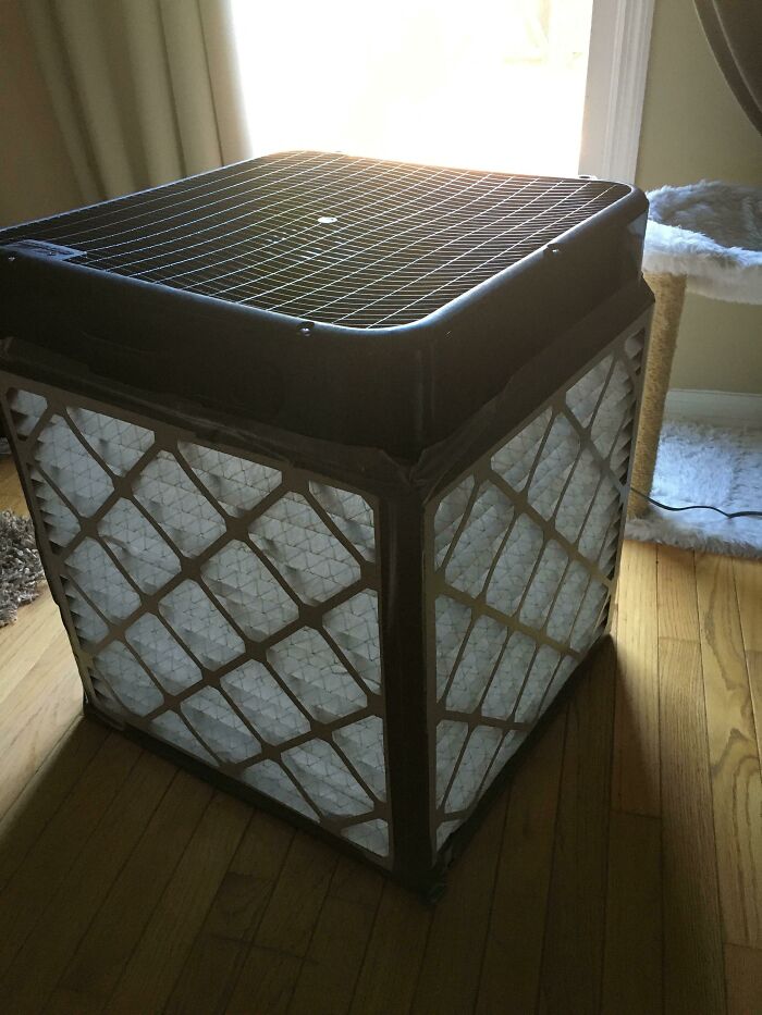 Researching (Expensive!) Air Purifiers For A Foster Cat With Allergies. Watched A This Old House Yt Video And Had Everything On Hand Anyway So I’m Trying It Out. Definitely Not Attractive!