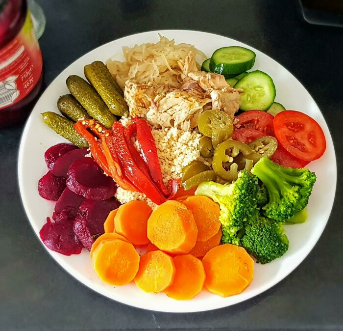 Food Doesn't Have To Be Fresh To Be Healthy - A Weird Lunch, I'll Admit, But Most Of This Was From Jars. I Always Keep Them In As It Can Pep Up A Meal And Is Low Waste And Nutritious. Tomatoes, Cucumbers, And Carrot Were Fresh, Everything Else Pickled, Frozen, Fermented, In Oil, In Brine, In Cans