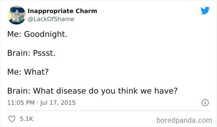 Text meme about overthinking, featuring a humorous conversation between a person and their brain at night.