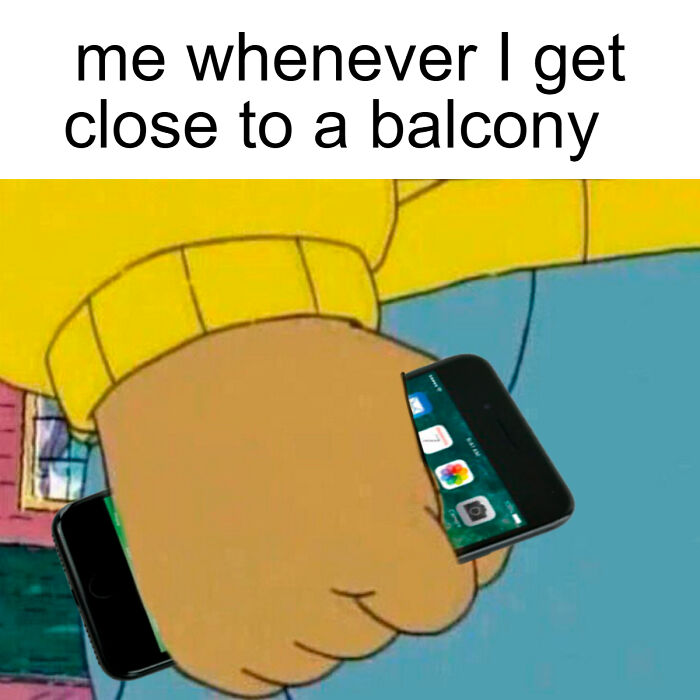 Cartoon character gripping phone tightly near a balcony; relatable for those who overthink.
