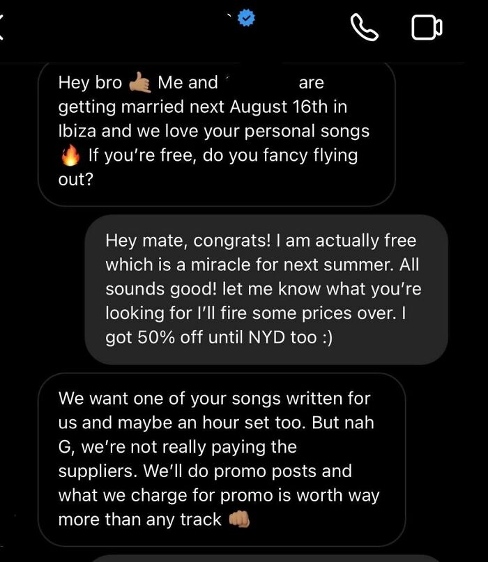 Influencer Wants Personal Song Written Plus One Hour Set At Wedding For Free