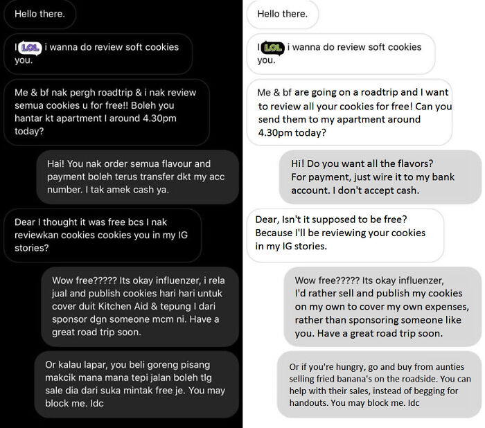 This Happened To My Friend; A Dm From An "Instagram Influencer" Asking For Free Cookies To Review (White Box Is Translation)