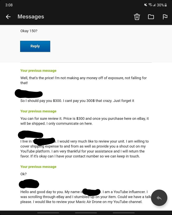 Brand New Ebay Account Claiming To Be "Youtube Influencer" And Trying To Get A Free/Discounted Drone From Me