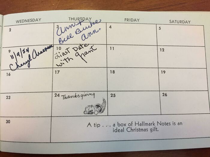 Found My Grandmothers Calendar Which Contains The Date Of Her First Date With My Grandfather. Thursday The 10th 1955. They Would Get Married 1 Year Later