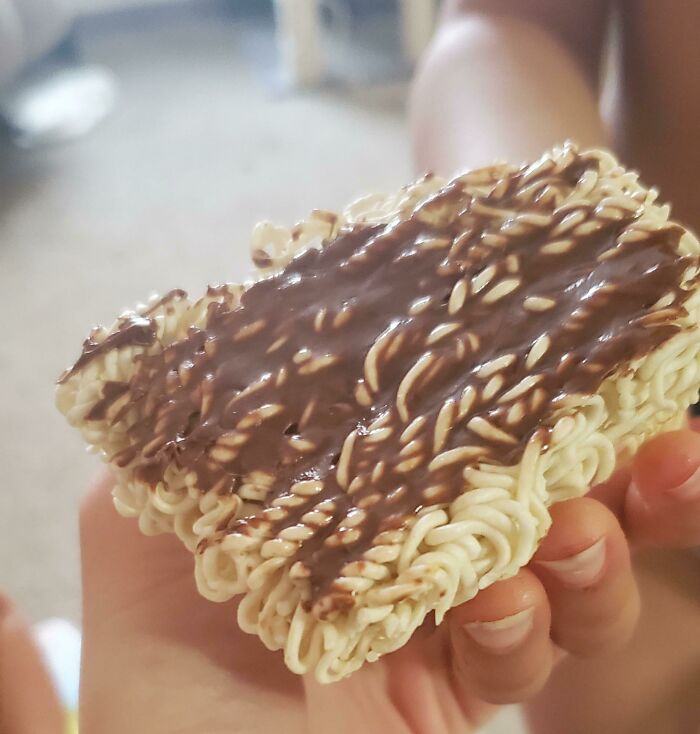 My Son Has Numerous Sensory Issues With Food. But Today He Made This Monstrosity. The Noodle Nutella Toast.