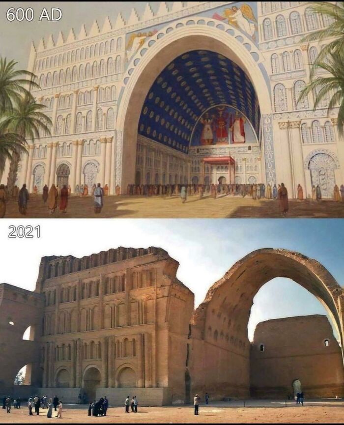 El Arco de Ctesifonte tal y como podría haber aparecido en el año 600 d.C. Comparado con las ruinas que quedan hoy en día en Irak