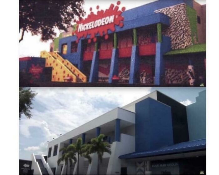 Old Nickelodeon building compared to its modern look, showing time's effect on architecture.