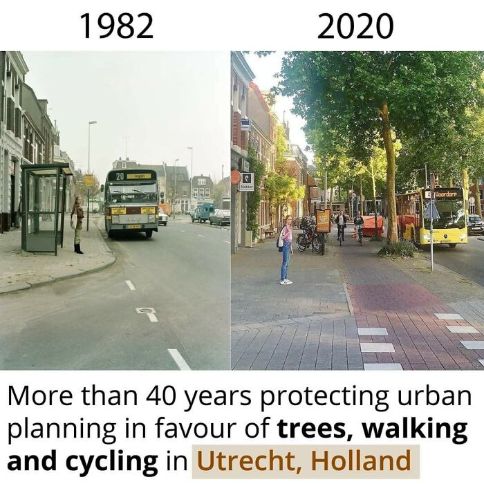 Old photos show urban change in Utrecht, Holland from 1982 to 2020 with added trees and cycling paths.