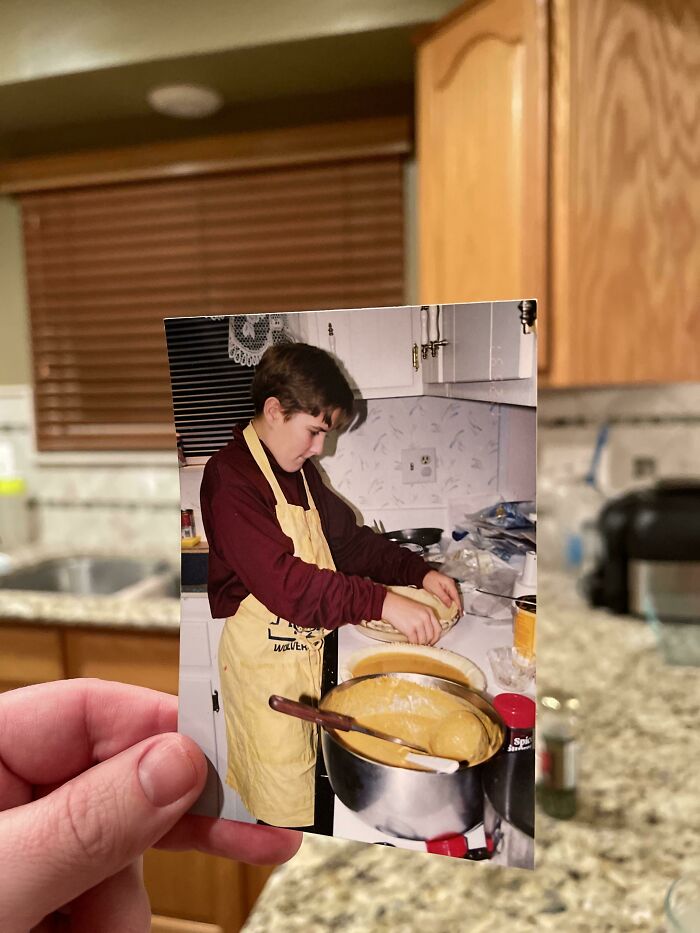 This Isn’t Perfect, But I’m 38 Now And This Is Me Making A Pie In Middle School And Standing In My Moms Kitchens Now.