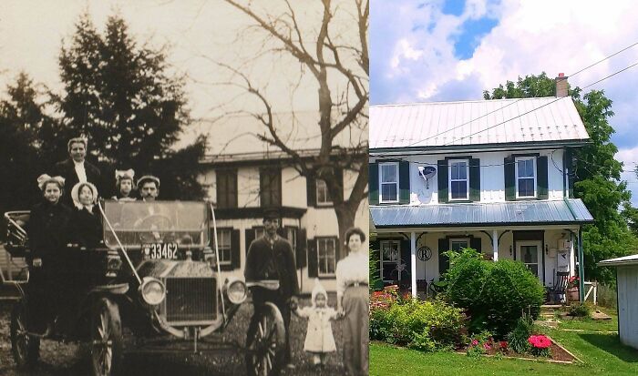 Old photos juxtaposed with modern scene, showing time's effect on a vintage car and house.