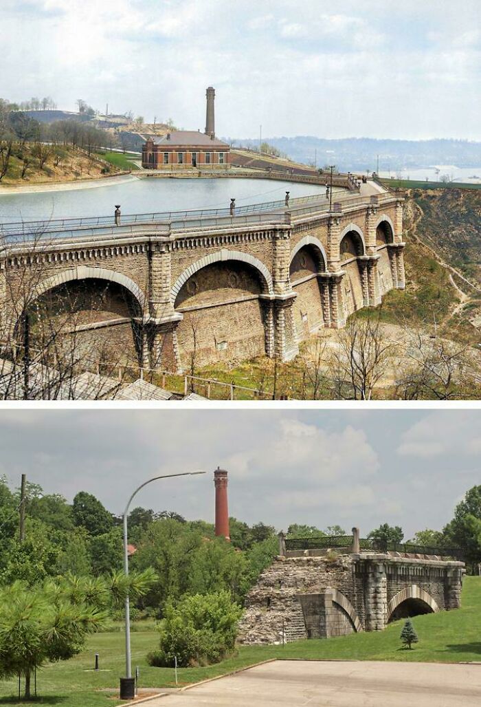 C.1904 Colorized Library Of Congress Photo Of The Eden Park Reservoir And Pumping Station Near Cincinnati, Ohio. Built From 1866 - 1878 And In Use Until 1965. Remains Shown In Photo Below.