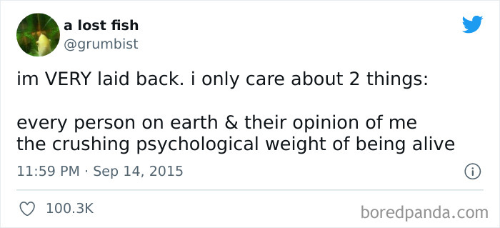 Tweet about overthinking, humorously stating concerns about others' opinions and life's psychological weight.