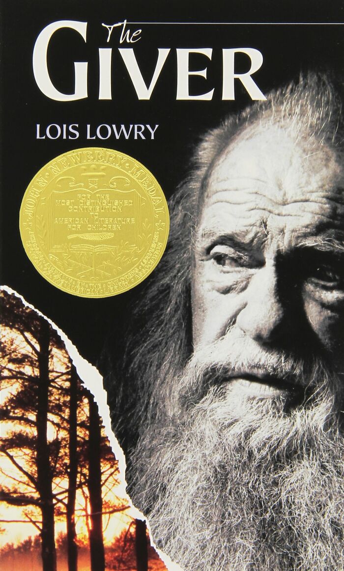 Book cover of The Giver by Lois Lowry featuring an elderly man and a Newbery Medal, a popular book that blew minds and changed lives.
