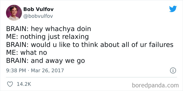 Tweet about overthinking featuring a conversation with the brain discussing past failures humorously.