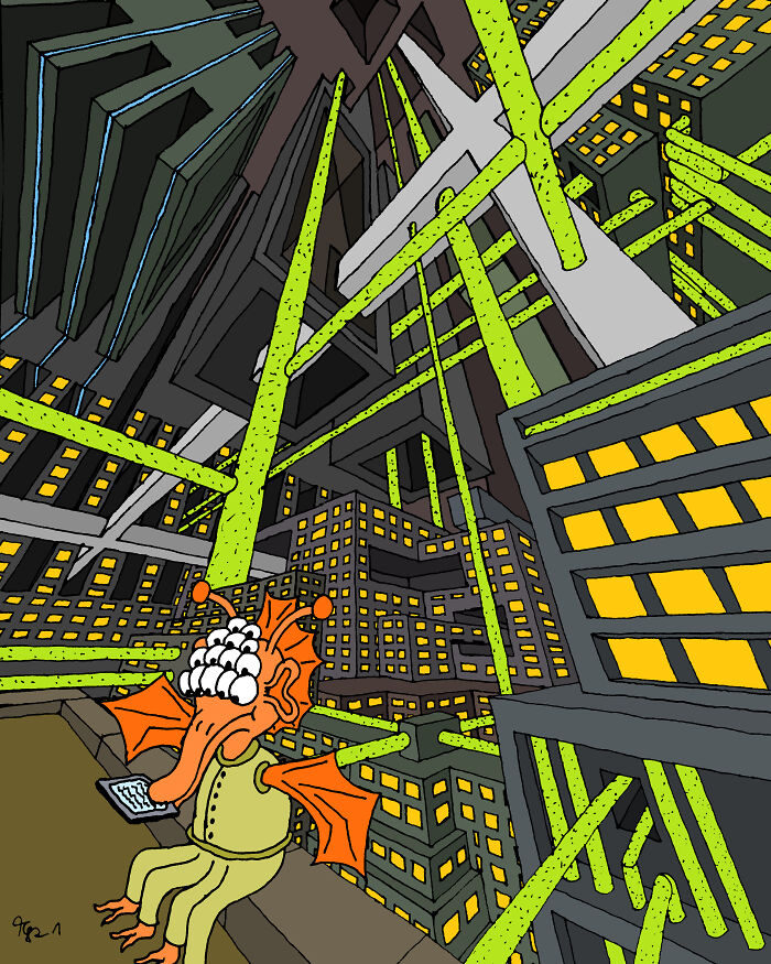 Scifi Drawing With Three Vanishing Points.