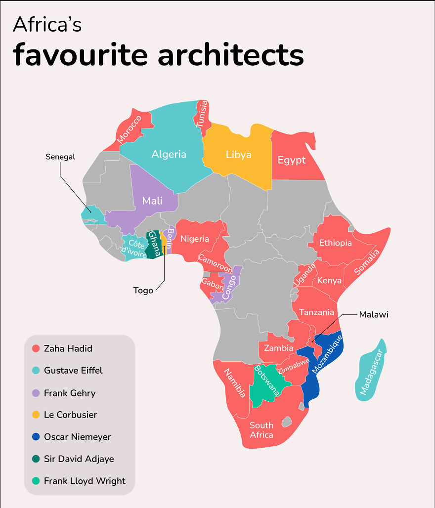 This Map Shows The Most Googled Architect In (Almost) Every Country This Map Shows The Most Googled Architect In (Almost) Every Country
