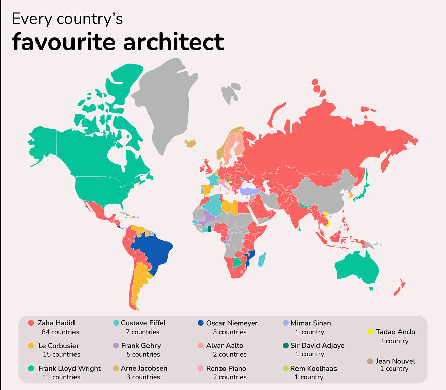 This Map Shows The Most Googled Architect In (Almost) Every Country This Map Shows The Most Googled Architect In (Almost) Every Country