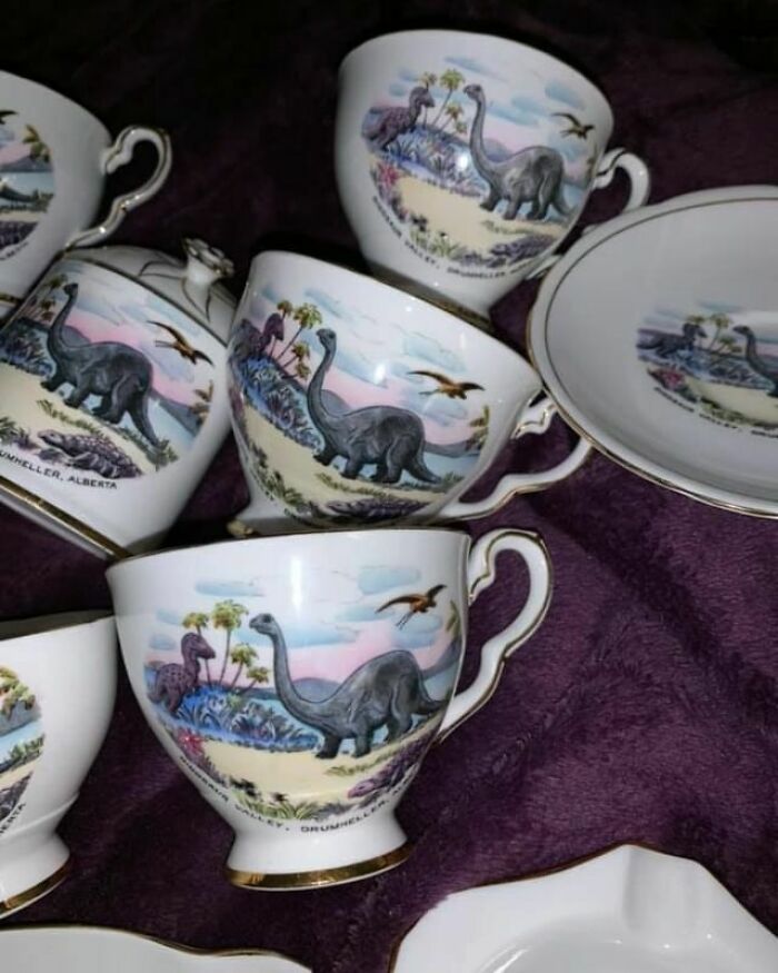 "The Best 23 Piece Dinosaur Tea Set I’ve Ever Seen! I Can’t Wait To Be The Coolest Grandma With These In Her China Cabinet One Day"