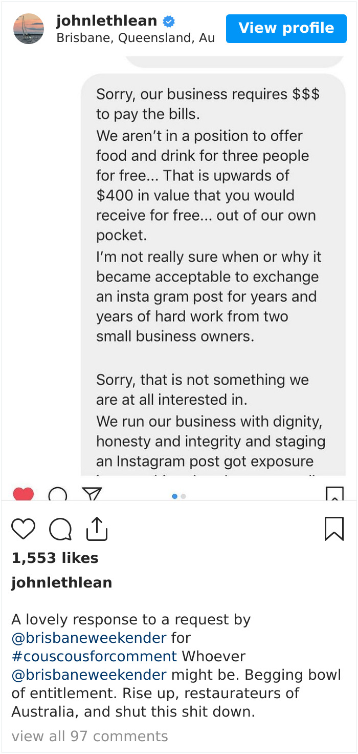 A Lovely Response To A Request By @brisbaneweekender For #couscousforcomment Whoever @brisbaneweekender Might Be. Begging Bowl Of Entitlement. Rise Up, Restaurateurs Of Australia, And Shut This Shit Down.