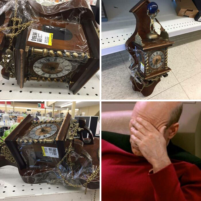 Old Rough Conditioned Wall Clock Just Thrown On The Shelf With So Much Thought And Care... Packing Tape Wrapped Around It To Keep The Parts Together... Aaaannnddd... Only $169.99!! Like, Literally What The Heck