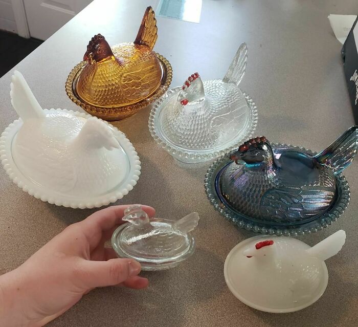 " I Found A Stand That Had All These Glass Chickens On Sale For 7$ Each. I Was Just Gonna Take Two, But Felt Bad Separating Them So..... Meet Tiny Chickens New Family 