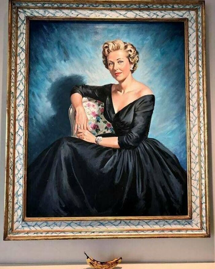 "On July 10, 2006, I Passed A Garage Sale On Lombard Street In San Francisco. I Glanced At A Huge Painting That I Initially Thought Was Grace Kelly. I Was Waiting In My Car To Pick Up A Friend Who Was Running Late, And I Found I Kept Looking Back At This Woman And Absolutely Had To Have Her In My Life. The Seller Knew Nothing About Her, And It Remains The Best $5 I’ve Ever Spent. I Named Her Aunt Florence And Have Made Wild Stories Up About Her Every Time I’ve Had Someone New Over To The House. My Home’s Design Palette Has Been Based Off Of Her Since The Day She Came Home (Which Was 6 Months After I Bought Her Because It Took That Long To Find A Car Large Enough To Transport Her).and Last Fun Fact, My Daughter Was Born On The Ten Year Anniversary Of Me Finding Aunt Florence. Coincidence? I Think Not!"