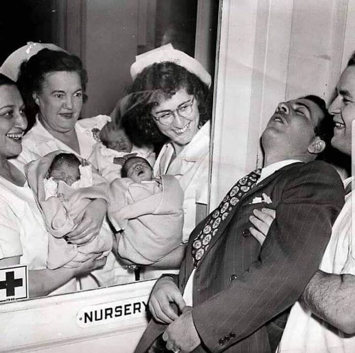 Nurses Showing A Set Of Newly Born Triplets To A Surprised Father In A New York City Hospital, 1946. Photo By Keystone-France