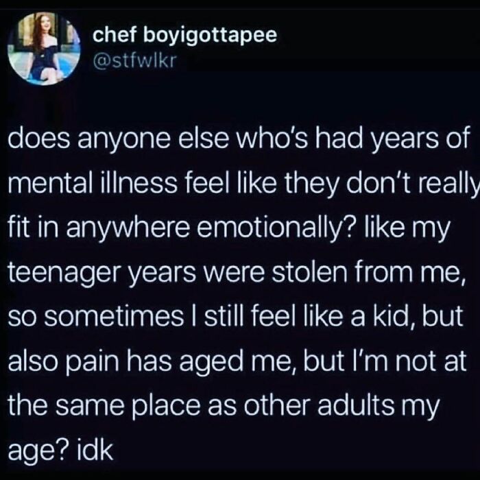 So This Is Kind Weird Because I’m Actually 58 Feeling Like I’m Going On 12.
emotionally Externally I’m Mature, I’m Thriving With A Career I’m Passionate About And I Pay My Bills On Time, I Say Please And Thank You And I’m Kind To Others.
internally I’m Still That Little Girl Who Looks In The Mirror And Feels Fat, That Young Lady Who Was Dumped After Giving It Her All, Or That Adult In A Narcissistic Relationships Who Was Told You’re Just Not Good Enough, Ever. My Trauma Is Real.
so, Everyday I Just Go About My Business And Hope The Child In Me Doesn’t Pop Out, And Relive These Memories. But That’s Just Not Possible. That’s Not Where The Healing ❤️‍🩹 Lives. The Healing Lives In Confronting Those Demons And Telling Them They Are A Liar. Giving Myself Props On How Far I Have Come And Reassuring Myself I Am Valued And Loved. The Work Starts With Me.
- @therealjoirizarry
📸 @chefboyigottapee
.
.
.
.
.
#childhoodtraumarecovery #traumasurvivor #overthinkingkills #anxietyawareness💙 #mentalhealthmemes🖤 #howoldamireally #childlike #familytrauma #traumaticchildhood #healingjourney #believeinyourself #ibelieveinher #selfawareness #asafeplaceinsideyourhead