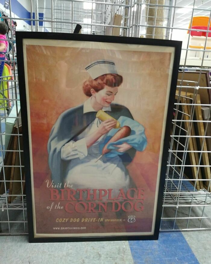 "I Passed This In The Local Goodwill And Just Assumed It Was Nurse Feeding A Baby, Completely Missed It's A Nurse Giving Mustard To A Corn Dog Until My Sister-In-Law Commented. 🤦‍♀️
may Still Be At The Goodwill In Moline, Il"