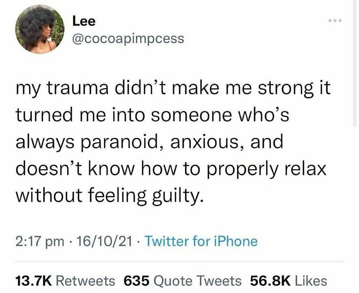 We Can’t Even Say It Any Better Than This……
@themiddleeasternfeminist
•
stop Promoting The Idea That Going Through Traumatic Experiences Repeatedly Makes Us “Resilient” Or “Strong”. We Don’t Want To Be Resilient Or Strong. We Want To Be Safe. -Hawzhin
i Might Be Strong-Er, I Might Be Wise-Er, But I’m Still Unsettled, Anxious And Depressed. I Just Wanna Feel Safe-Er. @therealjoirizarry
📸 @cocoapimpcess On Twitter
.
.
.
.
.
#traumahealing #familytraumaprocessing #redflags🚩 #trauma #generationaltrauma #ijustwannafeelsafe #mentalhealthmemes🖤 #asafeplaceinsideyourhead