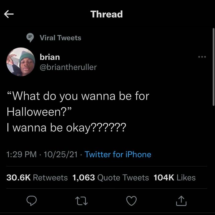 This Made Me Laugh Cause It’s So True. Lately I’ve Been Hard At Work On My Mental Health, Been Looking For A New Therapist Here In Austin Texas And I’ve Started The Journey Of Really Getting To Know Who I Am. I Just Want To Be Okay With Myself, Even On Bad Mental Health Days. I Want To Have People In My Life Who I Love And Enjoy And Who I Know Are Going To Tell Me What I Need To Hear. I May Not Be Okay Every Day But I Will Keep Fighting Until I Have More Okay Days Than Not. You Are Loved And Appreciated, Keep Going! - @tanner_hamilton22
.
.
.
.
.
.
📸 = Briantheruller On Twitter
.
.
.
.
#halloween #iwannabeokay #mentalhealthawareness #mentalhealthmatters #youareamazing #keepgoingitgetsbetter #pleasekeepfighting #spookyseason #itsokaynottobeokay #itsokaytonotbeokay #lifecanbehard #weloveyouall