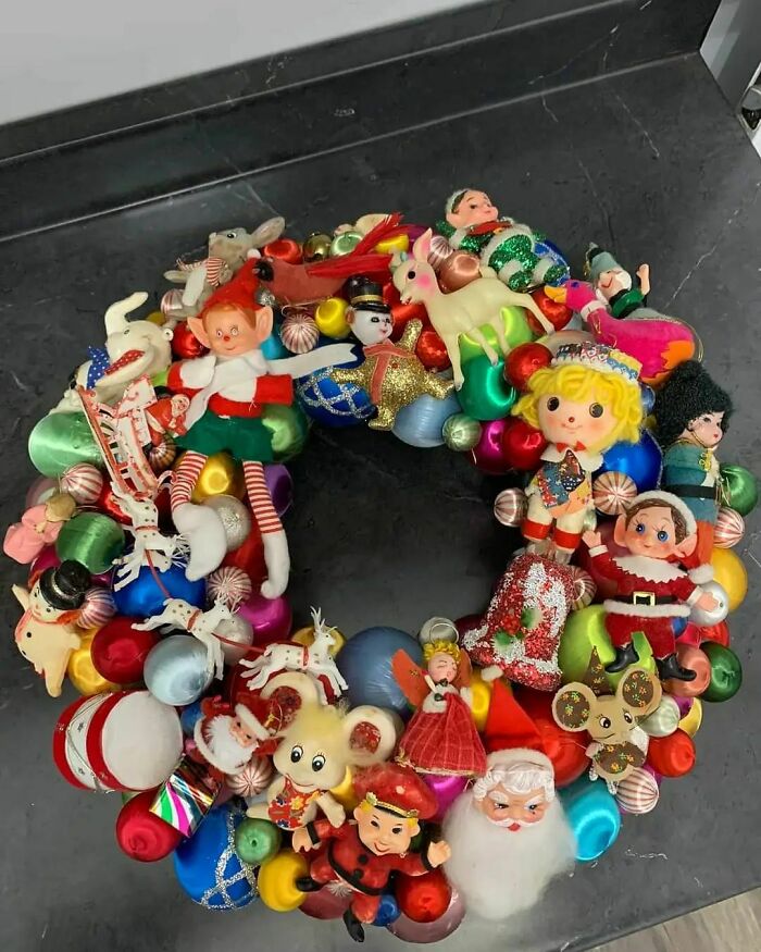 A Wreath Made For Me By My Best Friend. All Ornaments Are Vintage That She Thrifted. I Absolutely Love It! 