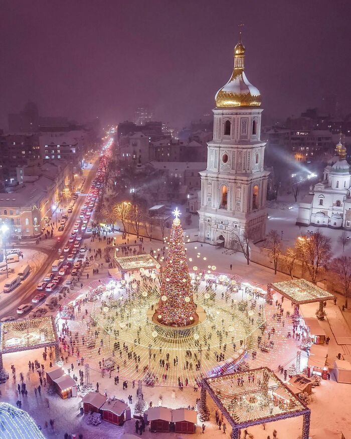 Christmas Tree At Sofiyivska Square In Kyiv, Ukraine
