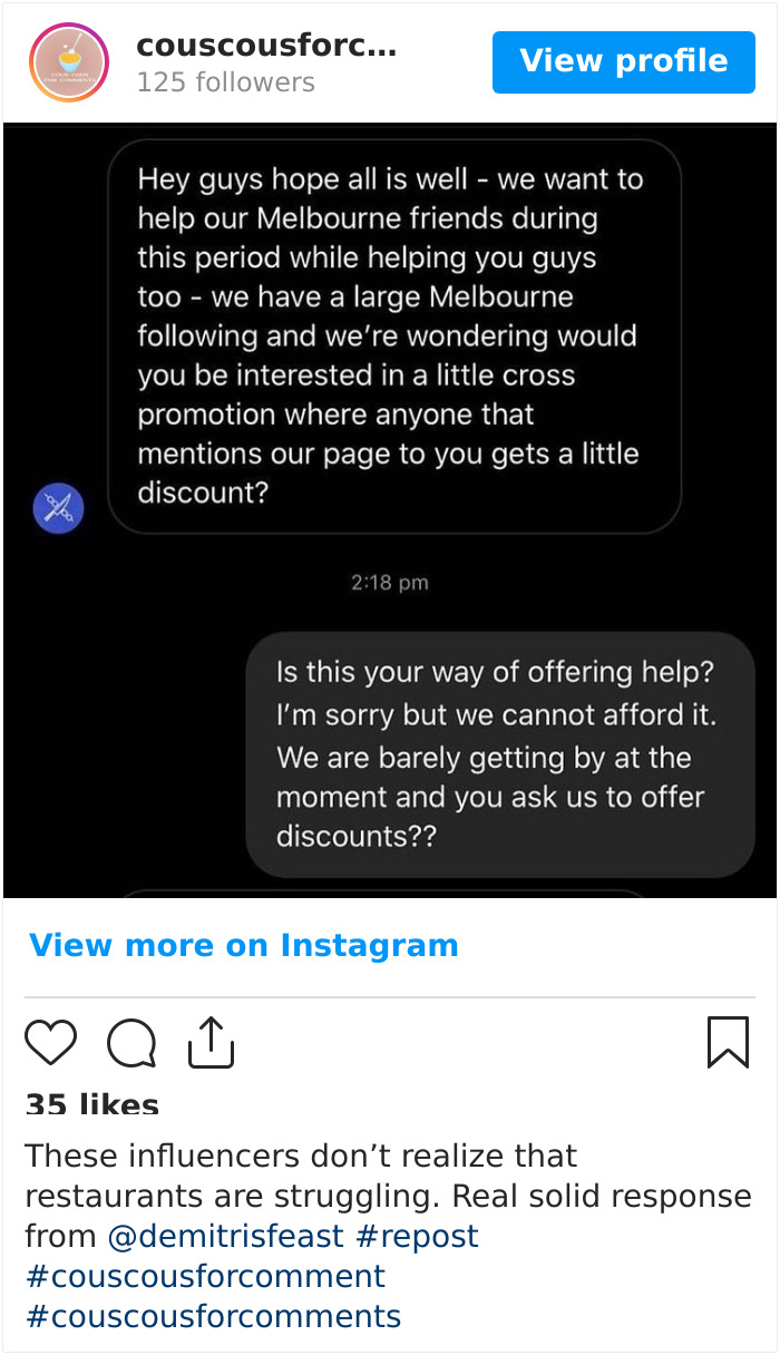 These Influencers Don’t Realize That Restaurants Are Struggling. Real Solid Response From @demitrisfeast #repost #couscousforcomment #couscousforcomments