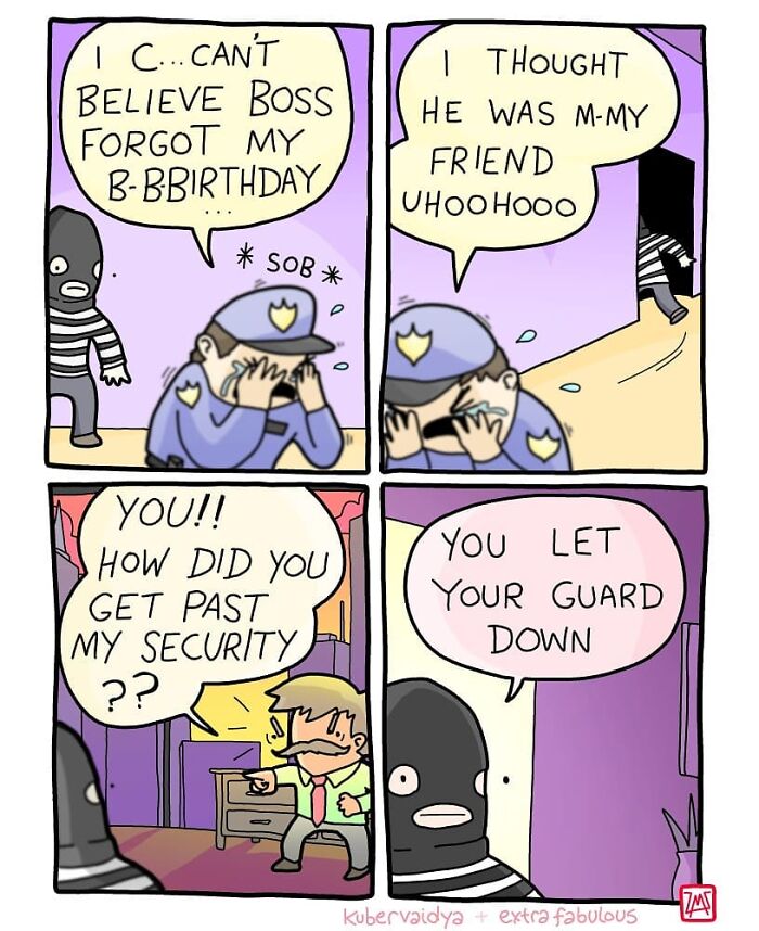 Dark humor comic showing a crying security guard tricked by a thief who lets his guard down.