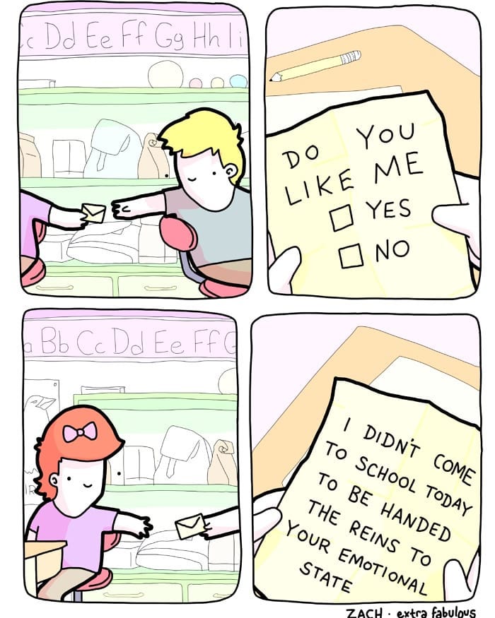 Comic strip showing two kids exchanging notes in class, featuring dark humor about emotional states in a school setting.