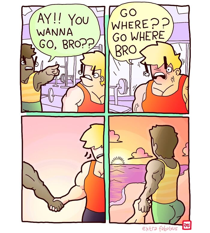 Two muscular men in gym gear unexpectedly shake hands, then walk towards a sunset, shown in a dark humor comic style.