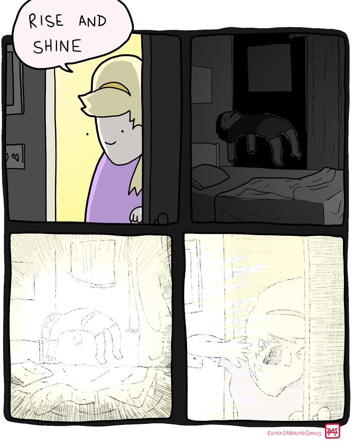 Person cheerfully saying "Rise and shine" at a door, comic with dark humor shows a floating figure over a bed.