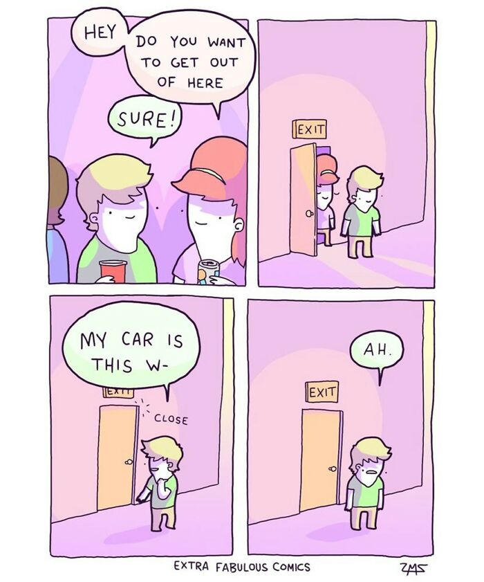 Two characters in a dark humor comic attempt to leave through an exit but the door closes unexpectedly.